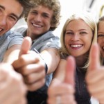 Happy guys and girls expressing happiness